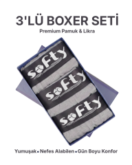 Softy 3'lü Pamuk Penye Erkek Boxer Seti – Premium Kutulu, Nefes Alan, Likralı Gri