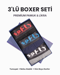 Softy 3'lü Pamuk Penye Erkek Boxer Seti – Premium Kutulu, Nefes Alan, Likralı Siyah Lacivert Gri