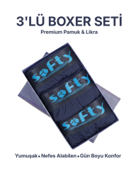 Softy 3'lü Pamuk Penye Erkek Boxer Seti – Premium Kutulu, Nefes Alan, Likralı Lacivert