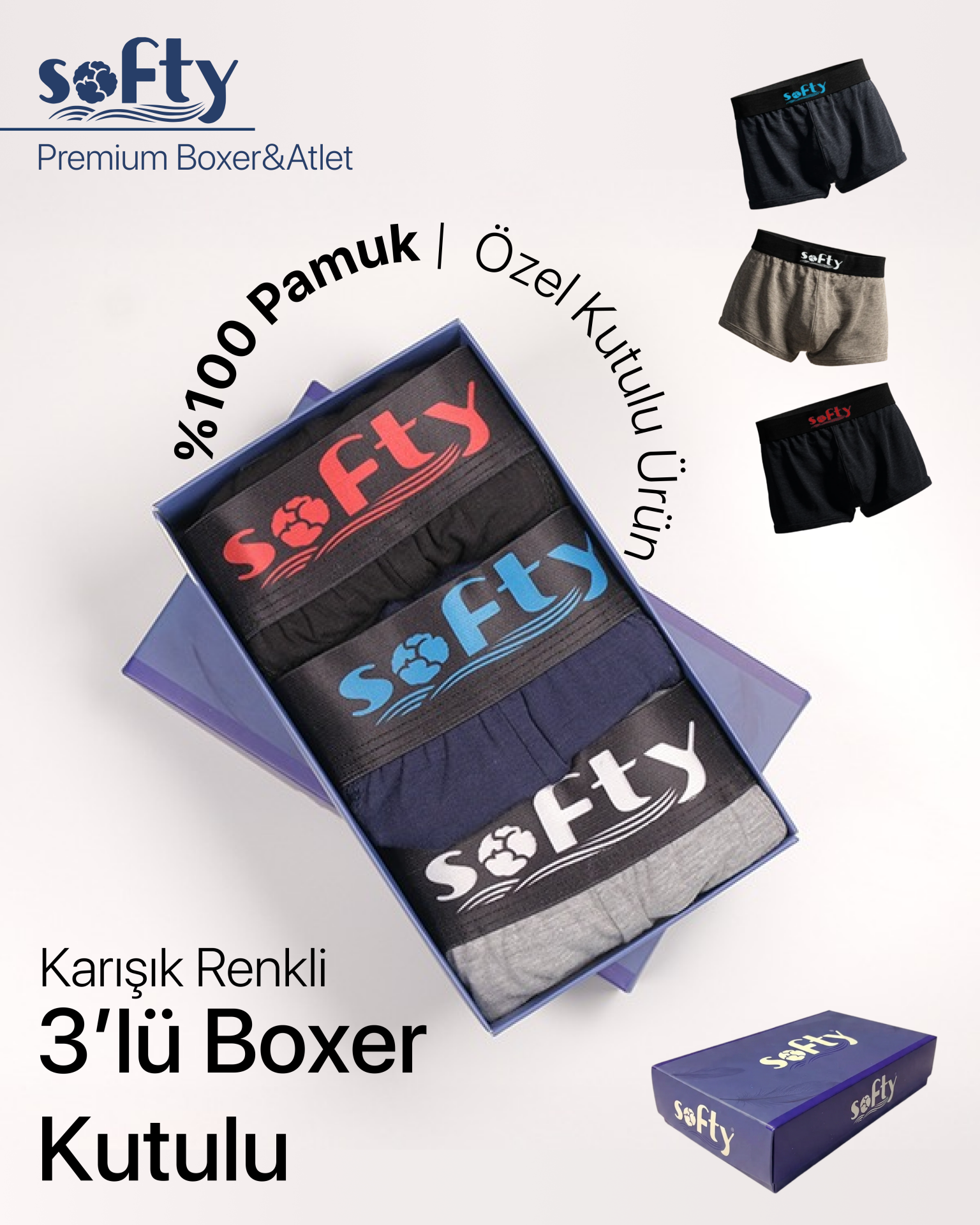 Karışık Renkli | 3'lü Boxer Kutulu Set