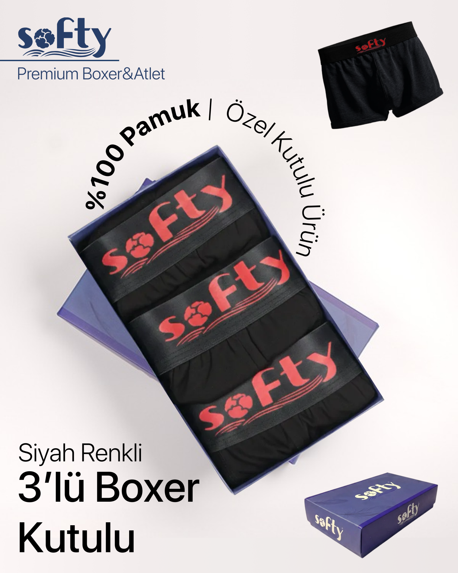 Siyah Renkli | 3'lü Boxer Kutulu Set