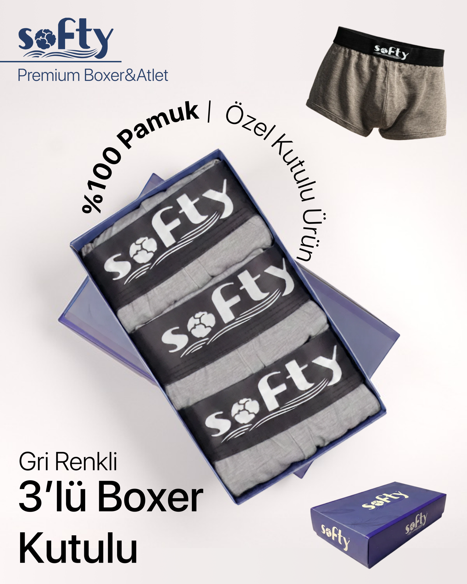 Gri Renkli | 3'lü Boxer Kutulu Set